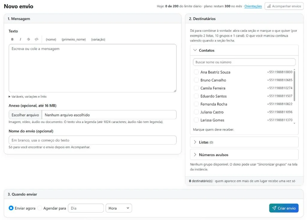Tela de novo envio do Chatzam: mensagem com variáveis, escolha de contatos, listas e números, e opção de agendar